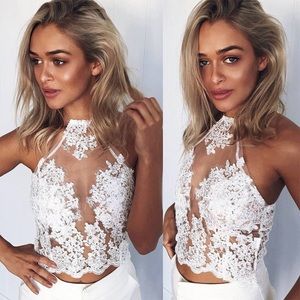 White lace embroidered halter crop top